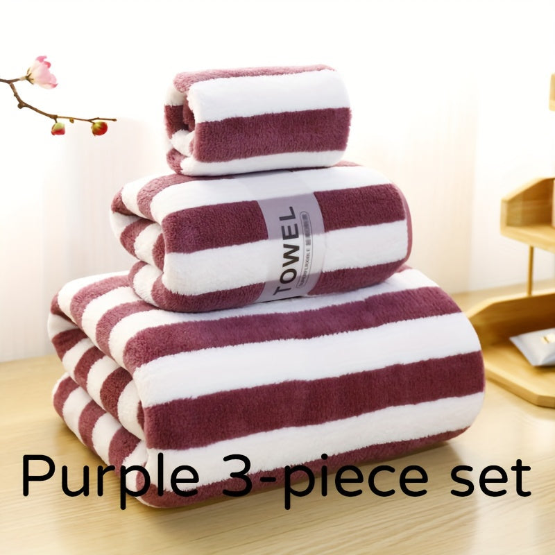 Luxury bath towel set in blue & white stripes - ultra-soft, highly absorbent microfiber. Includes large bath towel, bath towel, and washcloth. Lint-free, skin-friendly for home & hotel use. Ideal for bathrooms.