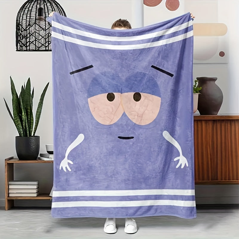 Flannel throw blanket featuring a modern purple anime character print - Perfect for year-round comfort, easy cleaning, and versatile use at home, school, picnics, and outdoor camping - Made from 100% lightweight polyester with a durable woven craft and