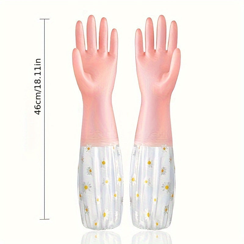 Waterproof rubber gloves with floral print, perfect for dishwashing, kitchen tasks, pet cleaning, and home use. These gloves are soft, flexible, and require no electricity. They are suitable for outdoor use, bathroom cleaning, toilet cleaning, and car