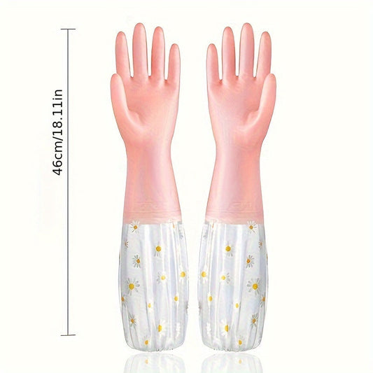 Waterproof rubber gloves with floral print, perfect for dishwashing, kitchen tasks, pet cleaning, and home use. These gloves are soft, flexible, and require no electricity. They are suitable for outdoor use, bathroom cleaning, toilet cleaning, and car