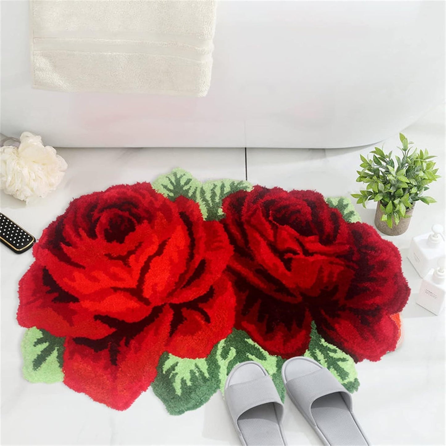 Valentine's Day Decor - Crystal Velvet Rose Flower Bath Rug with Non-Slip Backing, Made of Knit Fabric, 100% Polyester, 750gsm, 1cm Thickness, Suitable for Bathroom, Living Room, Bedroom, and Study