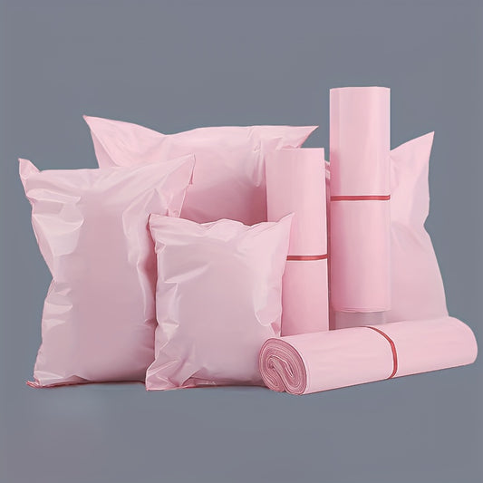 Bulk 50-pack of pink self-adhesive waterproof courier bags for shipping clothes, books, skate material. Durable plastic packaging.