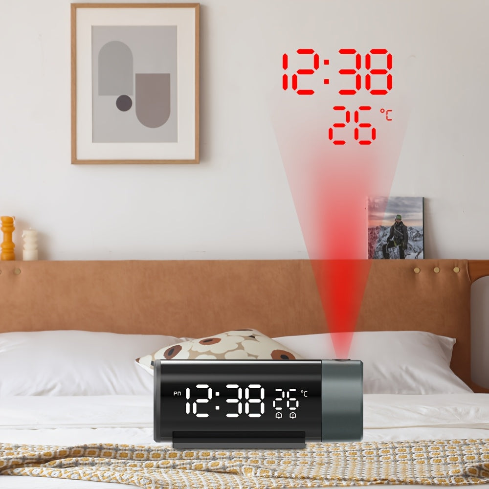 Digital smart projection clock with USB connection, dual alarms, sleepy function, time and temperature projection, and 4 brightness levels.