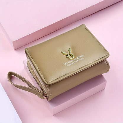 Small women's wallet with short zipper, three folds, multiple slots, and ample space, suitable for use as a handbag.