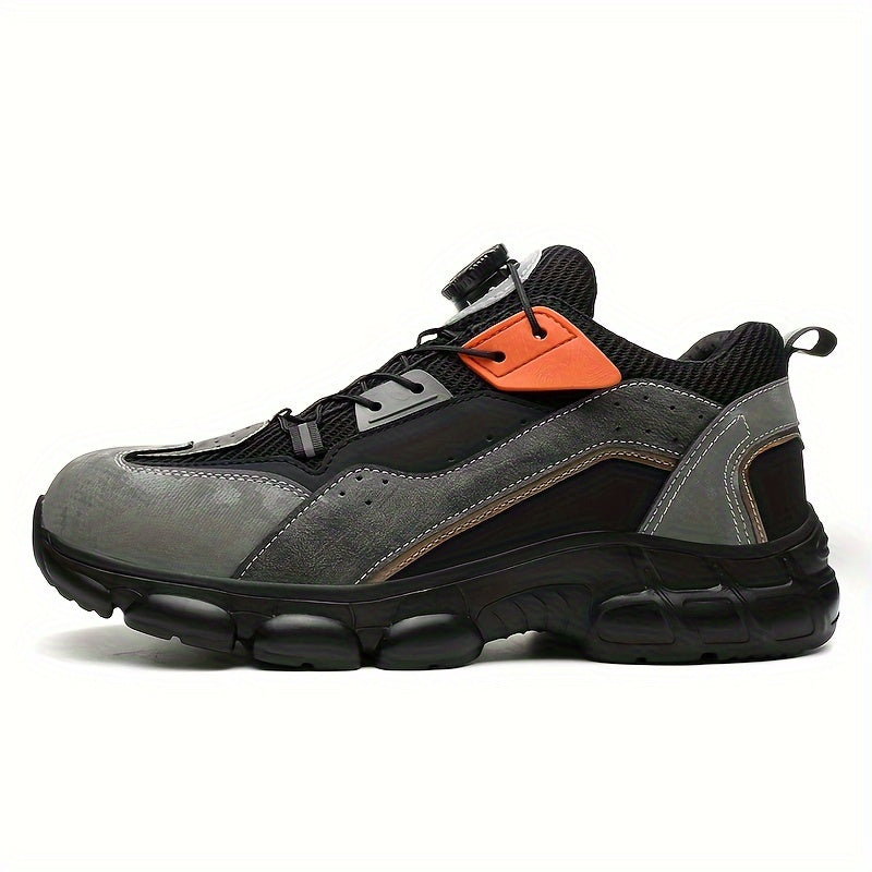 Steel toe work shoes with breathable design, puncture-resistant sole, and durable fabric upper in gray/black/orange. Perfect for construction and industrial tasks.