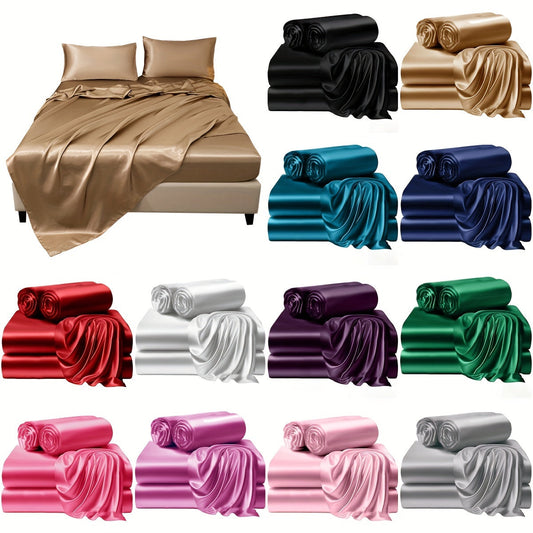 Luxurious and durable, this 4-piece satin bed fitted set is made of high-quality 100% polyester fabric. The set includes 1 fitted sheet, 1 flat sheet, and 2 pillowcases, all featuring a silky soft texture perfect for all seasons. This versatile set is