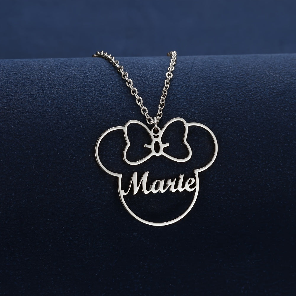 Personalized Women's Pendant Necklace - Beautiful Cartoon Style with Custom Name and Bow Design, Made of 304 Stainless Steel, Customizable Necklace with Butterfly Bow Pendant