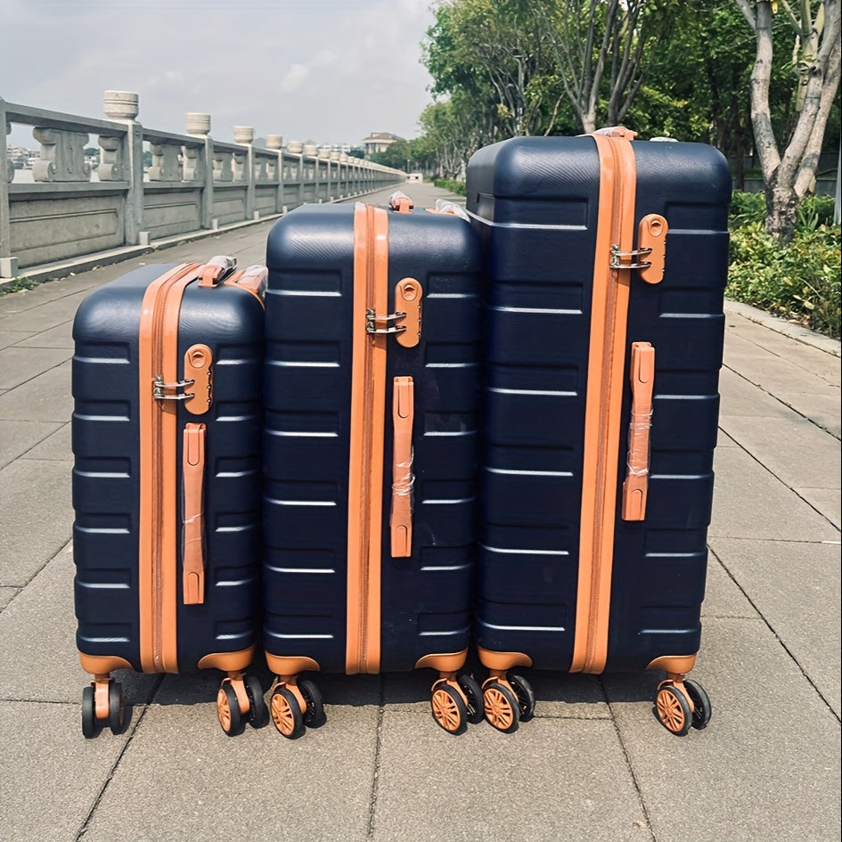 3-piece spinner luggage set with durable wheels, hard shell design, zipper closure, TSA lock, iron handle, ABS+PC body, and lightweight construction for women in sizes 50.8cm, 60.96cm, and