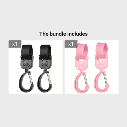 '- Two adjustable Stroller Hooks with 360 Degree Rotation, Hook-and-loop Closure, and Detachable Feature, made from sturdy Plastic