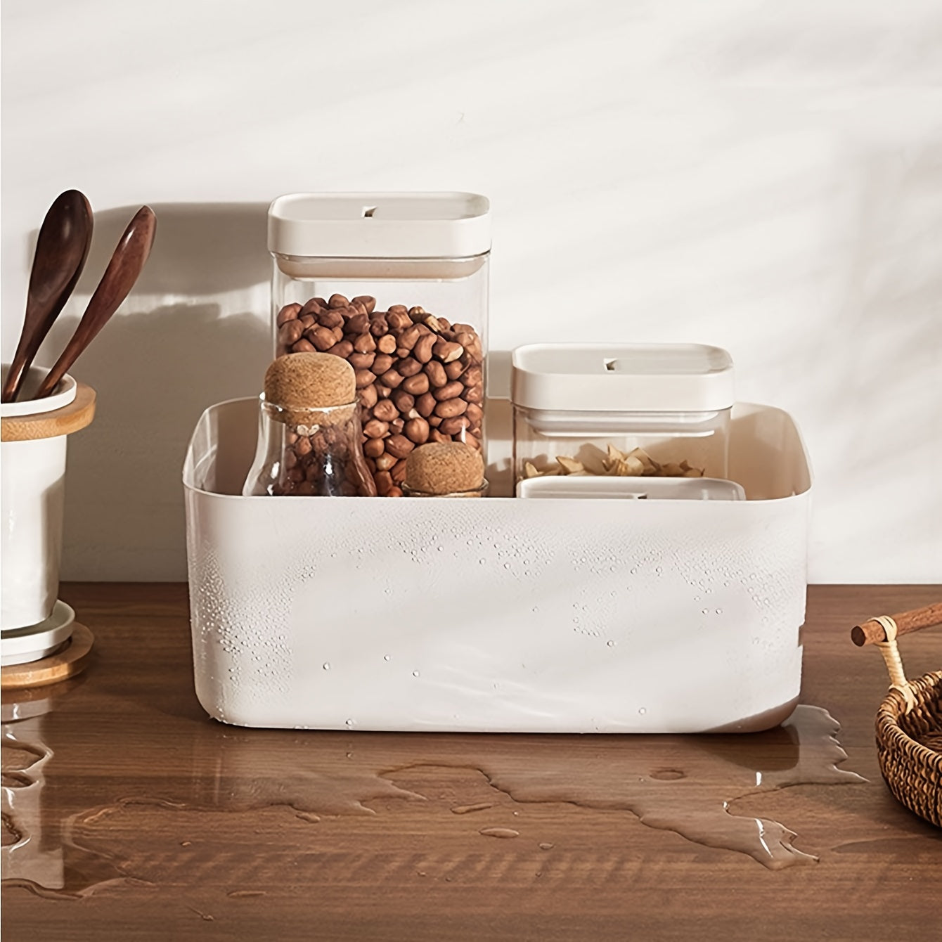 5/10 White Plastic storage bins with a polished finish are portable and weather-resistant, suitable for organizing kitchen, cosmetics, and miscellaneous items without needing electricity.