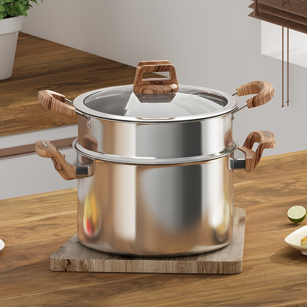 Five-layer composite steel pot for the kitchen, made of thickened food-grade 316 stainless steel. Non-stick and induction cooktop compatible. Features a deep soup pot and thickened steamer with 304 stainless steel lid. Ideal for cooking noodles