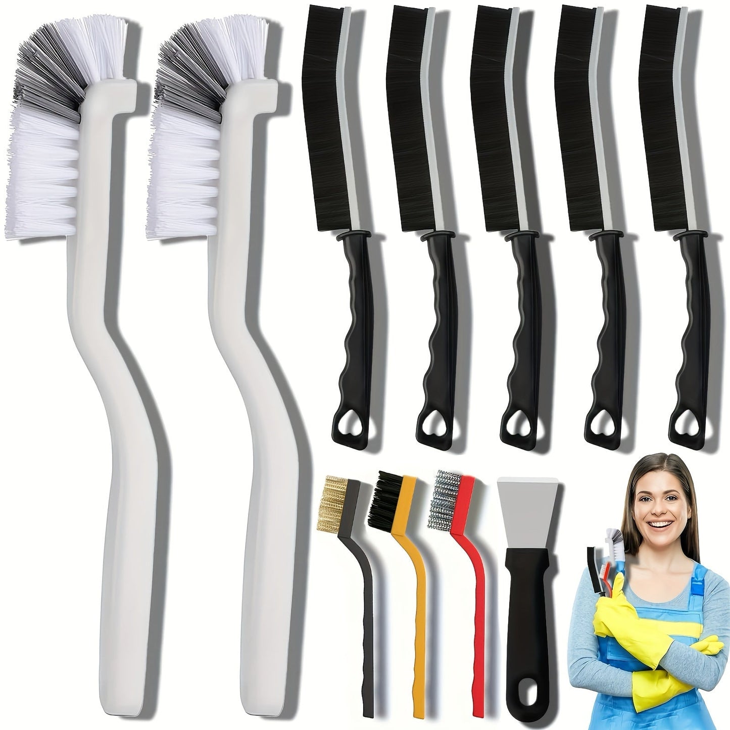 Set of 11 Crevice Cleaning Brushes - Strong Bristles for Narrow Areas, Extended Handle for Kitchen Sink, Mugs & Containers, Great for Cleaning Bathroom, Loo & Window Crevices, Essential Cleaning Supplies for Bathroom