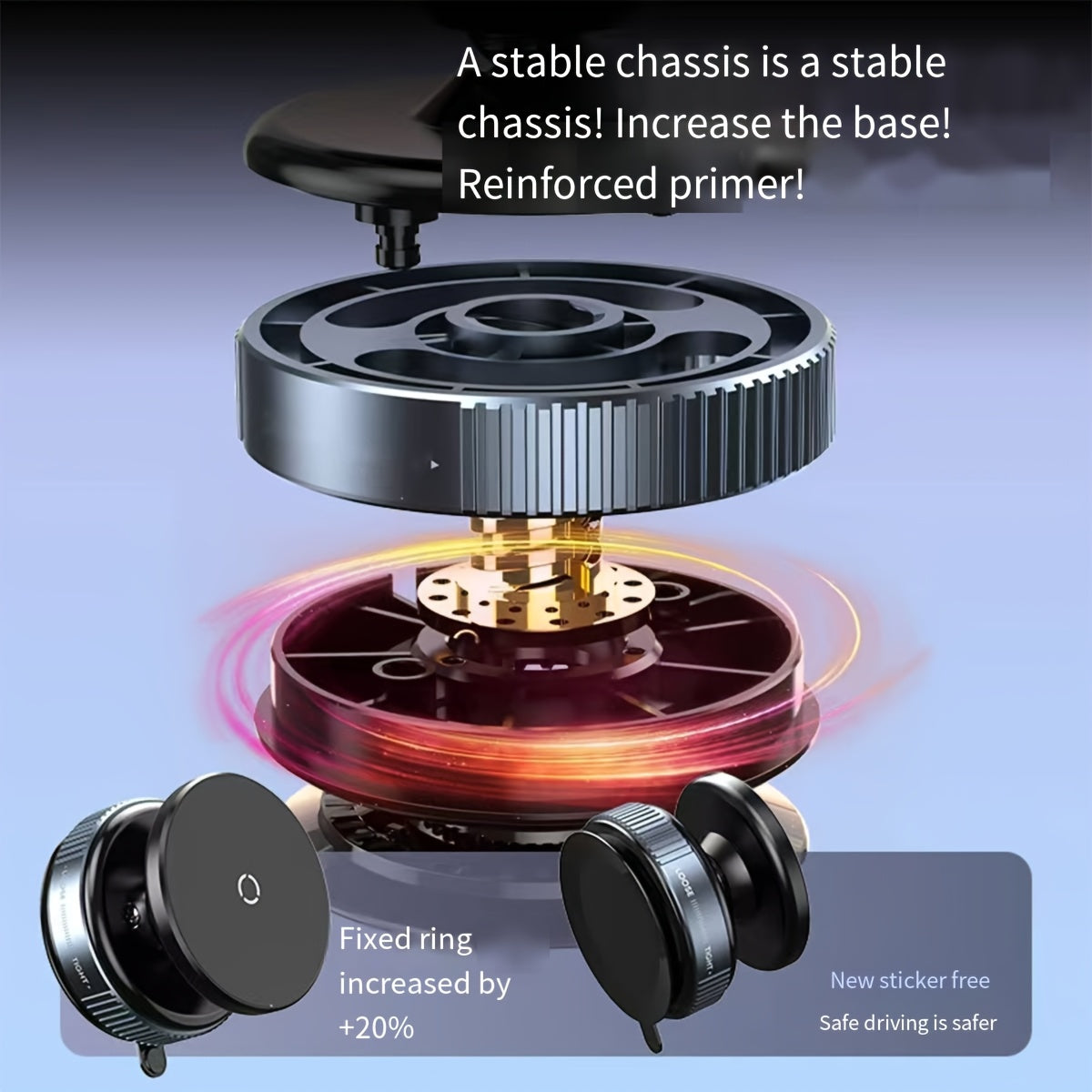 Adjustable car phone holder with 360-degree rotation, suction mount, soft PVC material, magnetic desktop stand for cars.