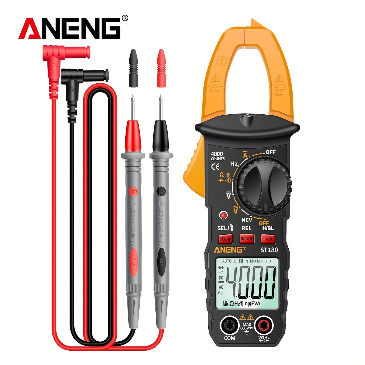 ANENG ST180 is a 4000 count digital clamp meter for measuring AC current, voltage, frequency, capacitance, and resistance, as well as testing car amps and non-contact voltage.