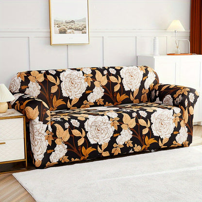 Modern printed sofa slipcover with elastic closure, made of 95% polyester and 5% spandex. Machine washable with active printing and stitched craftsmanship. Fits armchairs to sectional sofas, weighing 100-120gsm fabric.