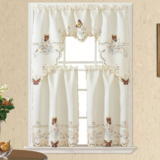 Transform your living space with this beautiful 3-piece set of colorful butterfly floral embroidery curtains. Perfect for home decor and weddings, these polyester satin curtains feature a rod pocket design for easy installation in your kitchen, living