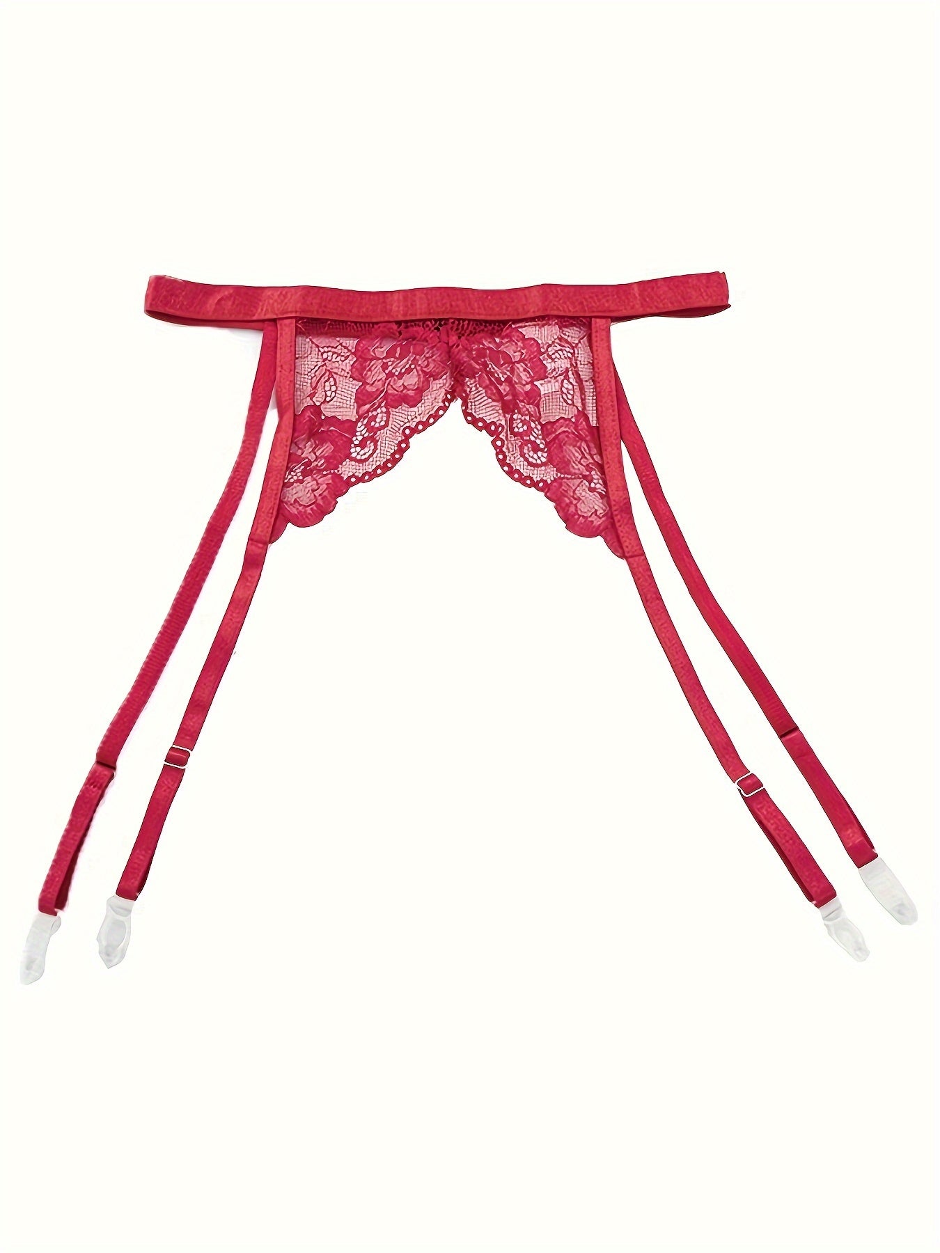 4-piece lingerie set features lace detailing, sexy panties, see-through stockings, and detachable garters with steel rings.