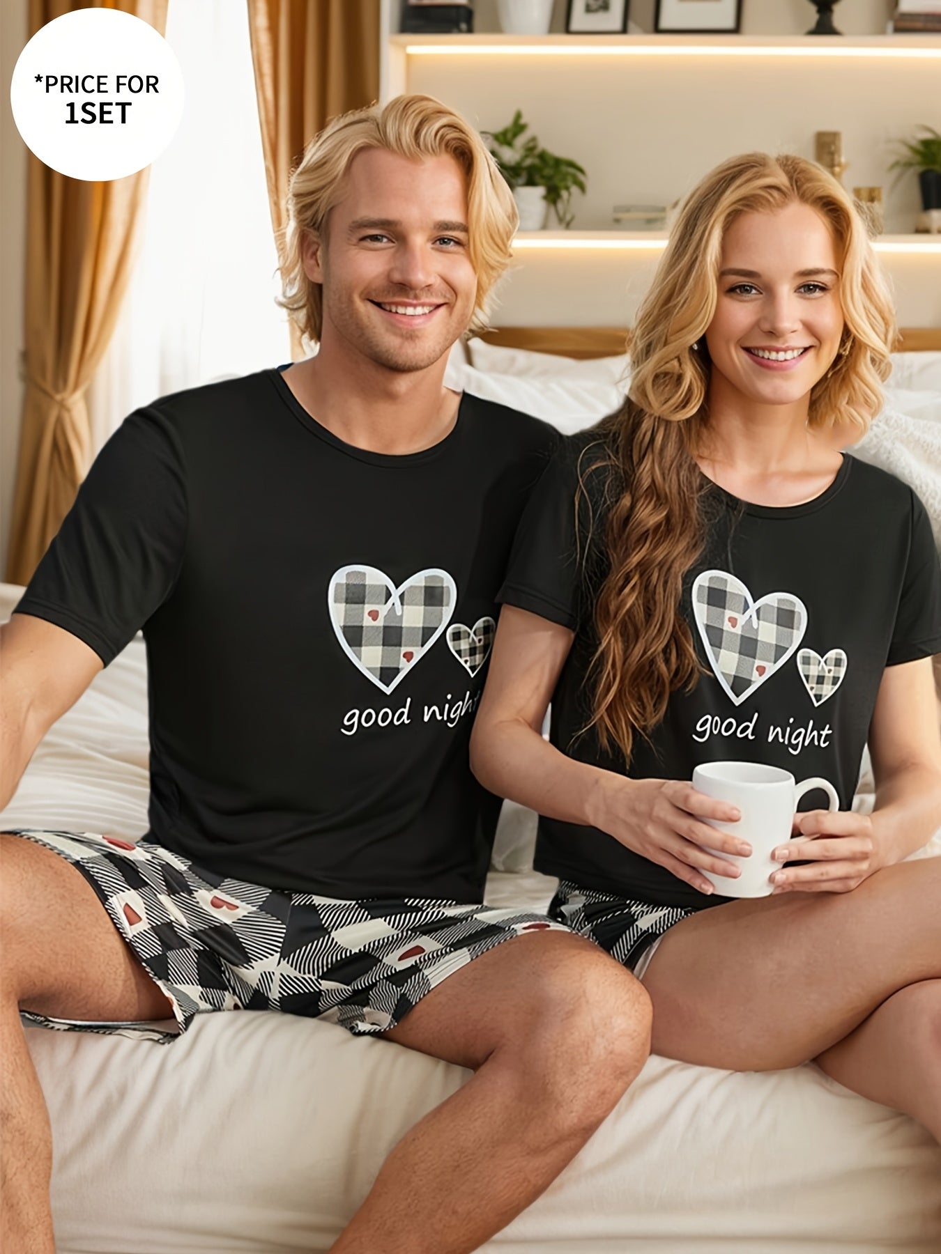 Valentine's Day matching couple clothing set with heart print short sleeve and shorts, made of soft polyester blend that is machine washable. Cozy and comfortable for him and her, perfect