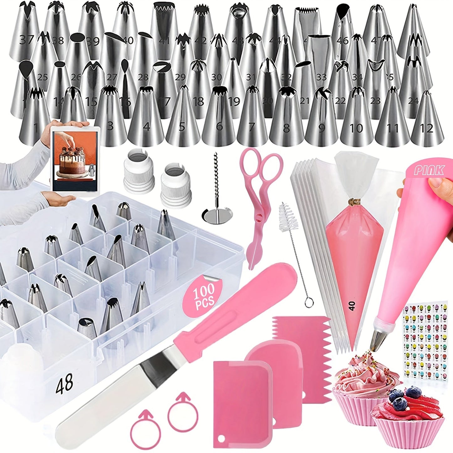 This cake decoration set includes 74 out of 100 pieces, featuring a variety of baking tools such as 48 stainless steel decorative tips, 50 thickening disposable decorative bags, cake scraper, spatula, recycling decorative bags, decorative scissors