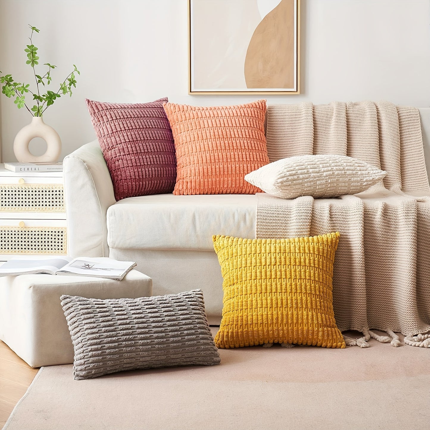 Reversible corduroy throw pillow cover with soft boho striped design, machine washable, zipper closure. Woven polyester, ideal for contemporary farmhouse home decor in sofa and living room. Size: 45.72x45.72 cm.