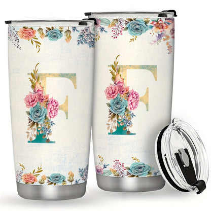 20oz Stainless Steel Tumbler with Initial Monogram, Floral Design, Leak Proof Lid, Perfect for Outdoor Activities, Great Gift for Holidays.