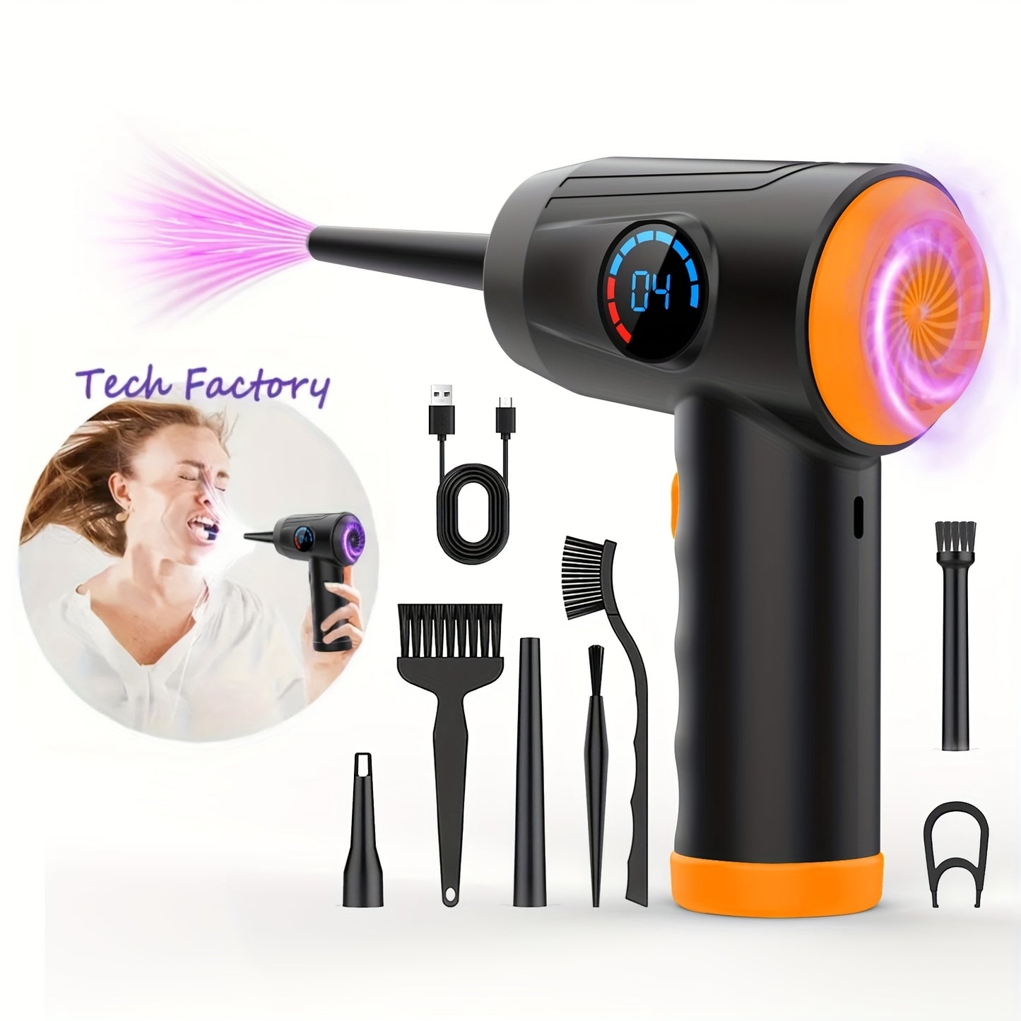 Cordless compressed air duster with 4 nozzles, LED light, 51000 RPM, 4-speed adjustable electric blower, fast charging, portable cleaner for computers, keyboards, electronics, and more.