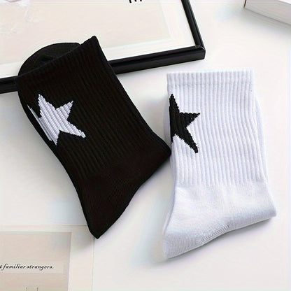 2/3 Pairs of Star Pattern Crew Socks for Men and Women - Breathable Polyester-Spandex Blend, Mid-Calf Basketball Socks with Geometric Design, Black & White, Cute Summer Socks