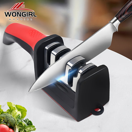 Professional 4-stage kitchen knife sharpener with tungsten, diamond, and ceramic stones.