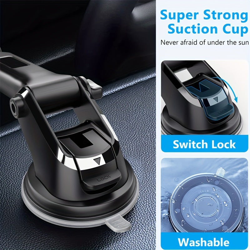 Universal car dashboard phone holder with adhesive gel pad and suction cup bracket for vehicles. Made of PVC material.