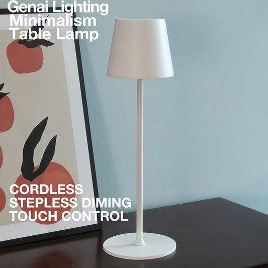 Portable cordless LED table lamp with stepless dimming, touch control, rechargeable battery, modern design for home decoration. Eye protection light source with 3 color temperatures. Suitable for dining rooms, living rooms, bedrooms, and outdoor use.