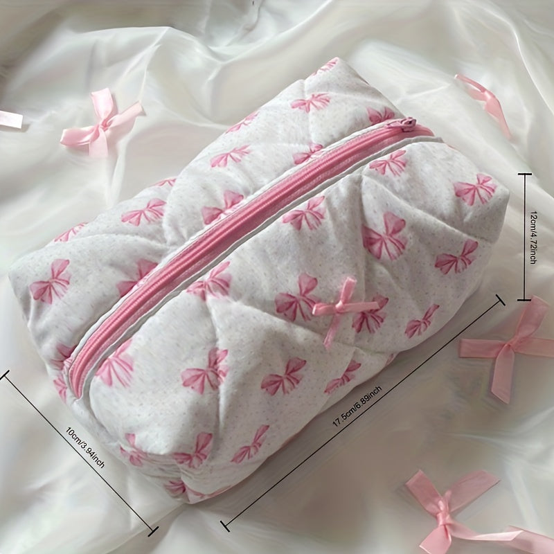 Spacious portable makeup organizer with chic rose print and bowknot detail, made of non-waterproof polyester.