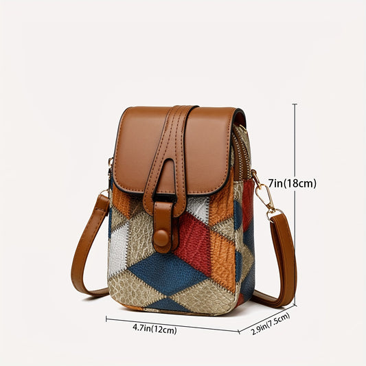 A color-blocked diamond-patterned fabric crossbody bag for women with multiple compartments, perfect for daily use as a phone bag or wallet.