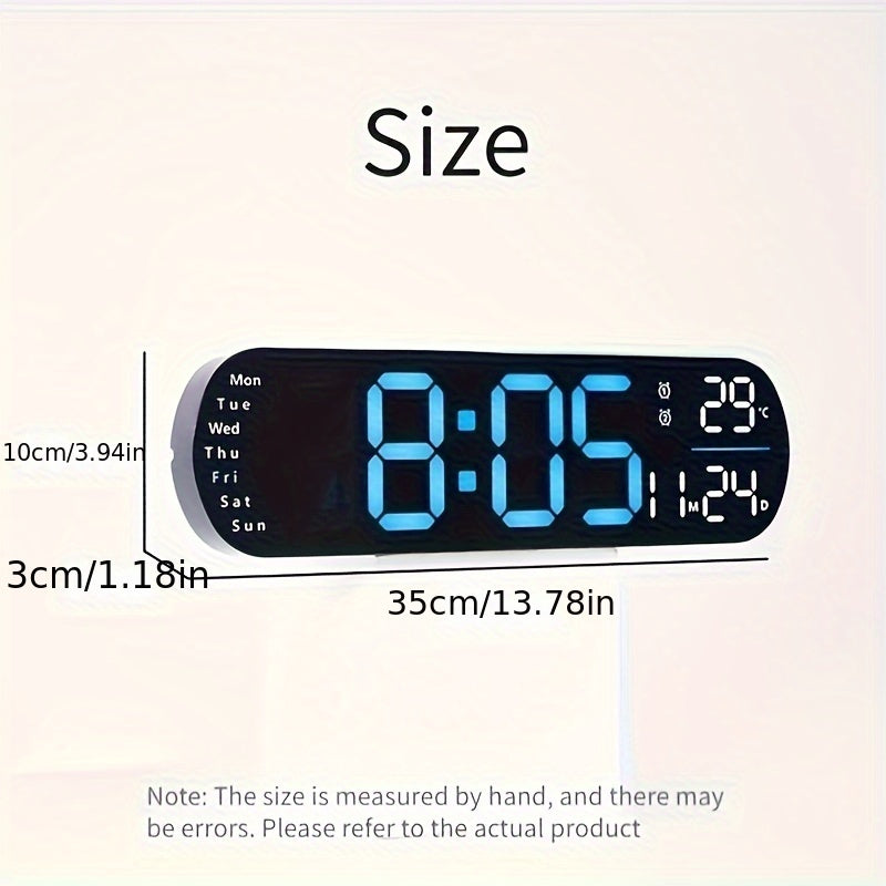 Multifunctional LED wall clock with remote control. Features dual alarm, date and week display, auto-dimmable brightness, 12/24H format, and USB powered. Includes night light and ideal for