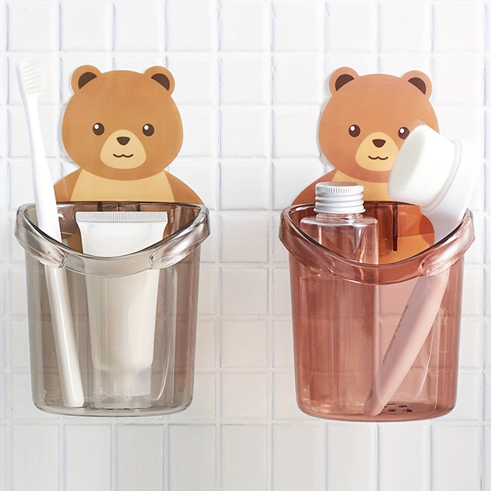 Set of 3 Adorable Bear Toothbrush and Toothpaste Holders - Easily Cleaned Wall-Mounted Bathroom Organizer with Drainage, No Drilling Required - Essential Bathroom Accessory