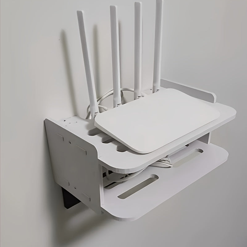 2-tier wall-mounted rack with cable management for routers and set-top boxes - no drilling required.