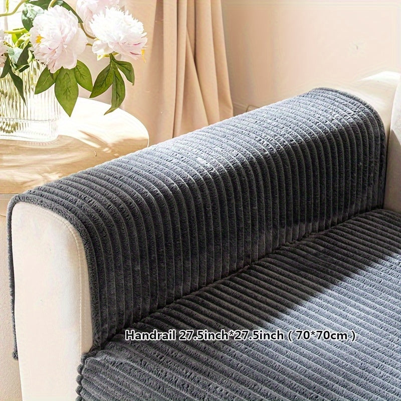 Thick plush sofa cover with stripes for winter, non-slip and anti-dirty. Modern style for home protection and decoration.