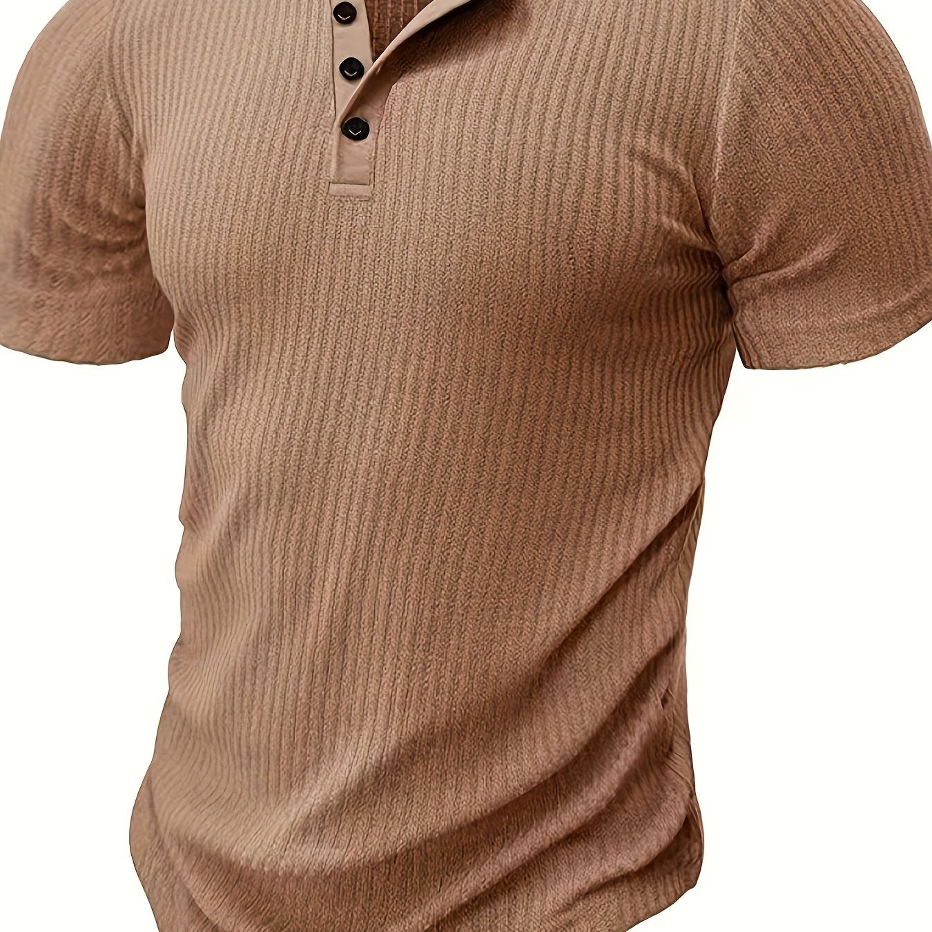 Solid stripe pattern knit short sleeve Henley shirt for men, perfect for summer leisure and outdoor activities.