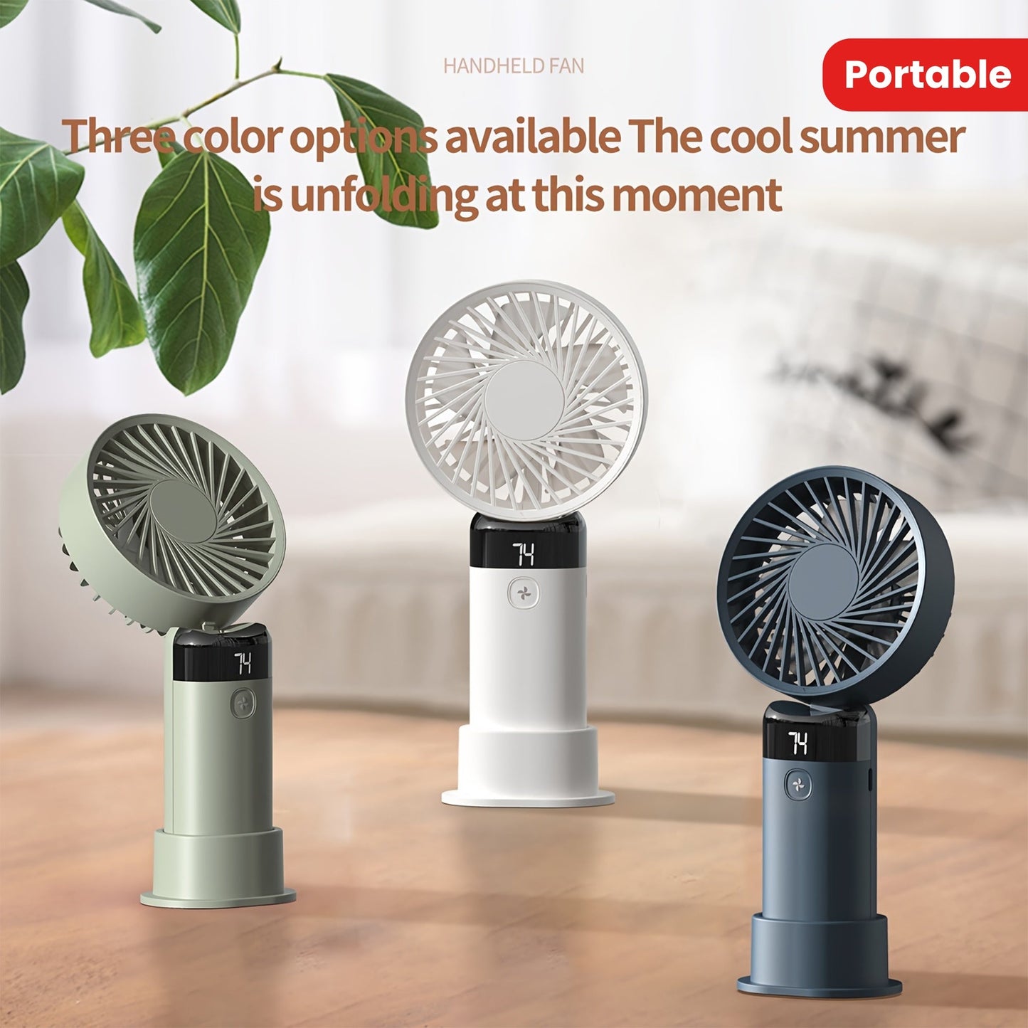 Portable handheld/desktop mini fan with adjustable angle, featuring 3 speeds, a digital display, long-lasting battery, dual-use standing and handheld design, USB charging, low-noise operation, and compact size ideal for office desk, bedside, or outdoor