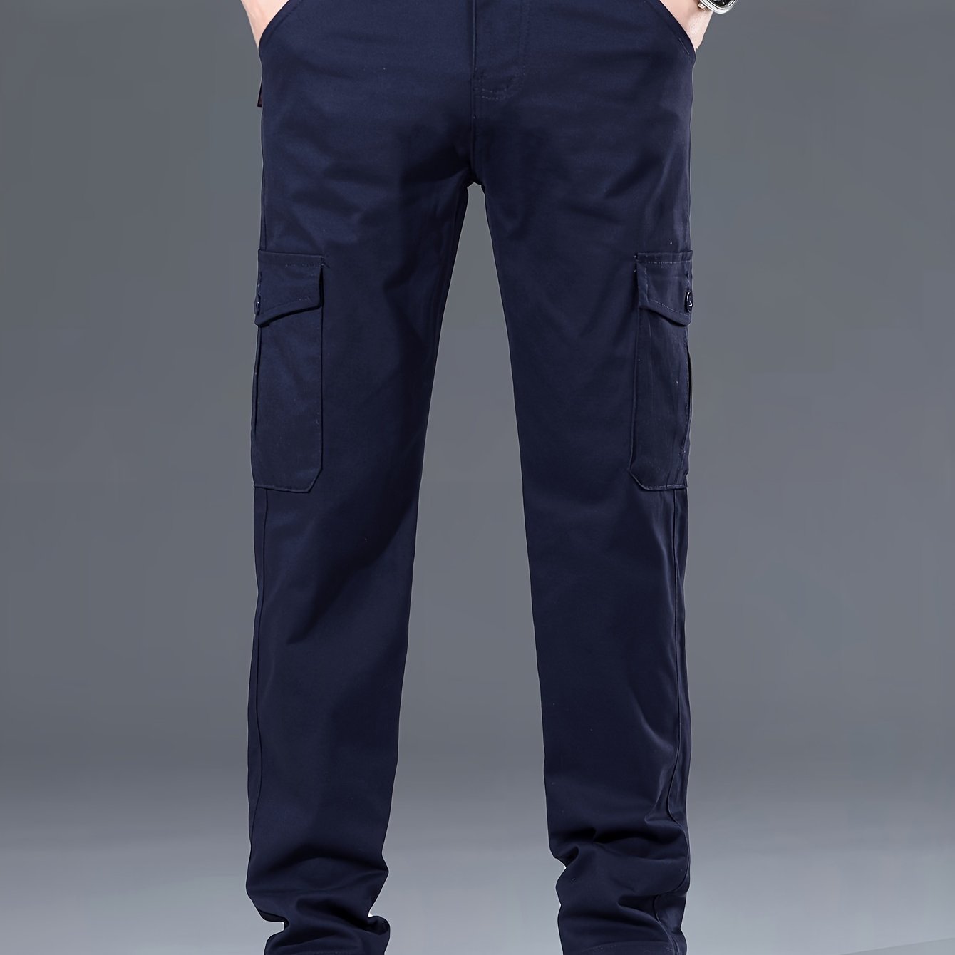 Men's cotton cargo pants, with 97% cotton 3% spandex blend, solid color, regular fit, zipper fly, multiple pockets, all-season wear.