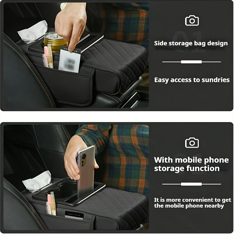 Luxurious PU leather armrest pad with cup holder, tissue box, and storage solutions for enhanced comfort and style.