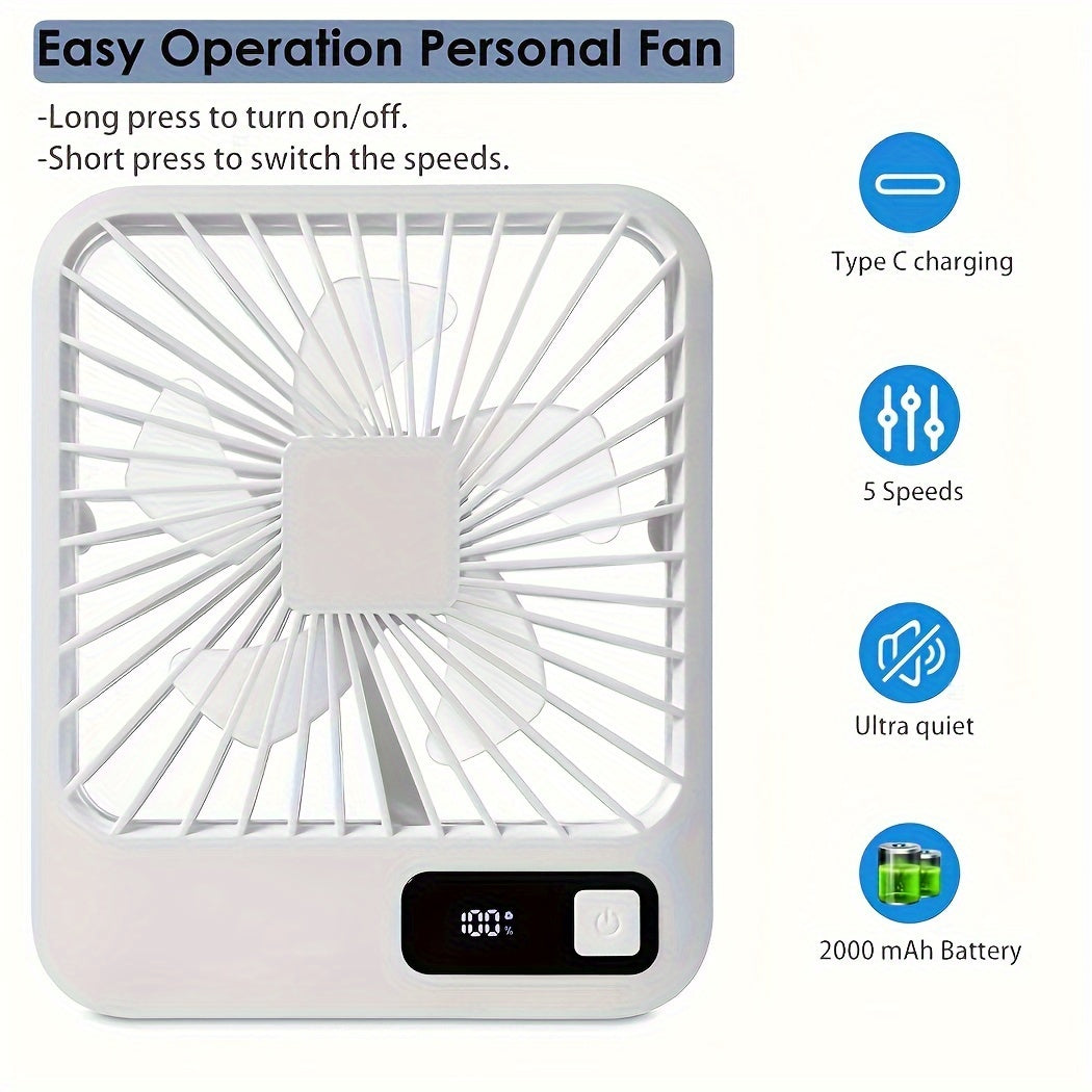 Xiziiss Portable USB Rechargeable Desk Fan with Digital Display - Featuring 180° Tilt, Ultra-Quiet 5-Speed Operation, Long-Lasting 1800mAh Battery - Perfect for Home, Office, and Travel Use