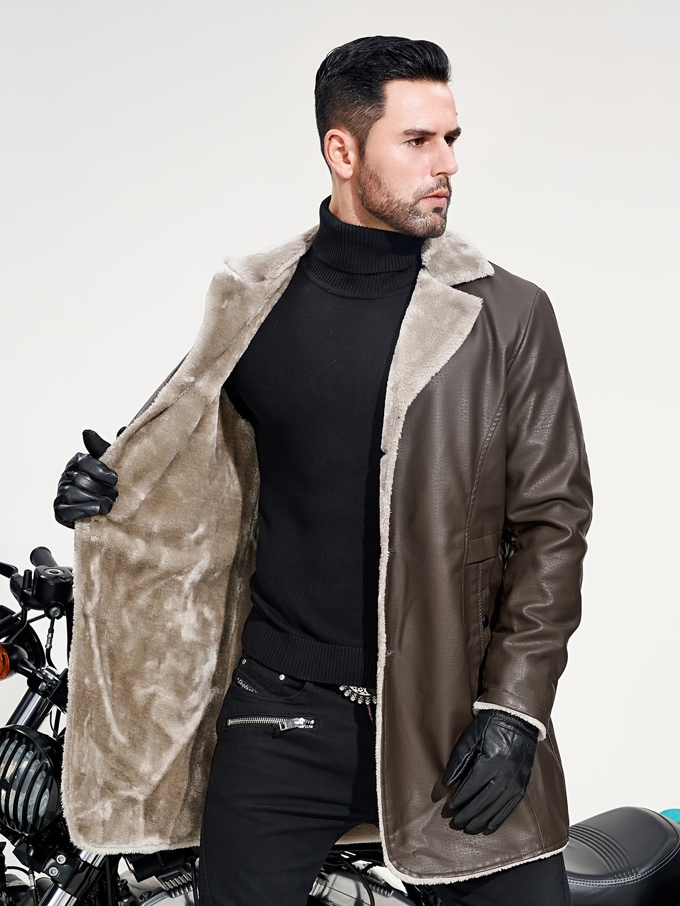 Men's mid-length jacket with plush collar and cuffs, button-up front, long sleeves, black, machine washable.