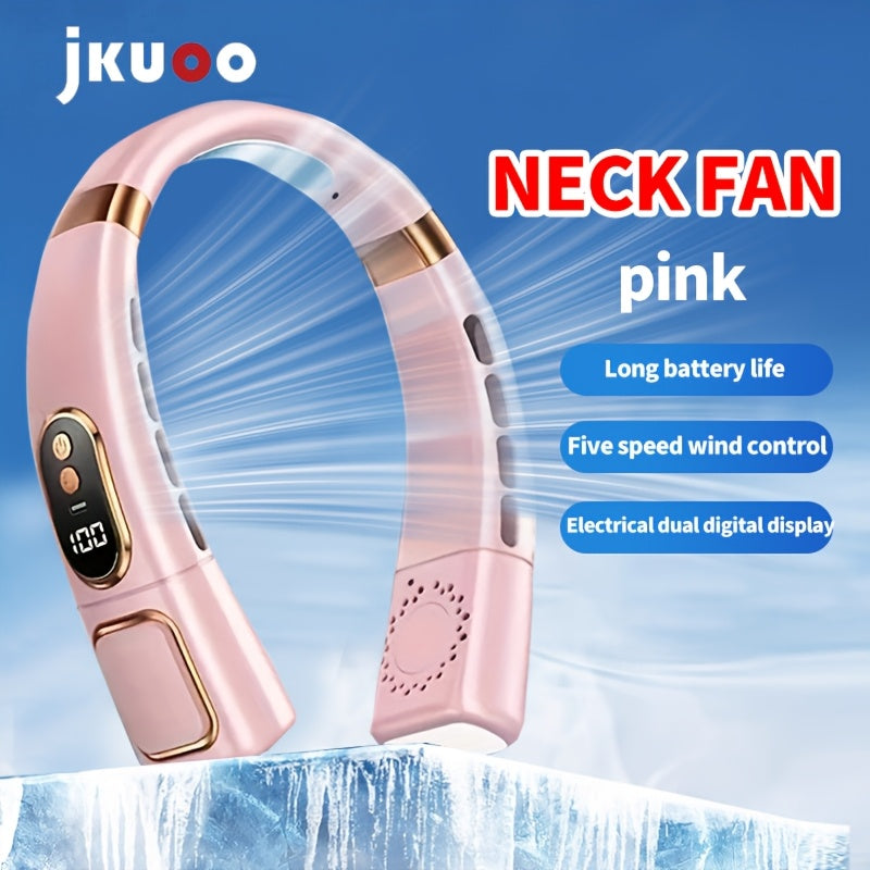 Portable Neck Fan with LED Display - 5-Speed, USB Rechargeable, High-Speed Wearable Fan for Outdoor Activities, Office, and Night Cycling, featuring a Polished Plastic Finish, Button Control, suitable for Indoor & Outdoor Use