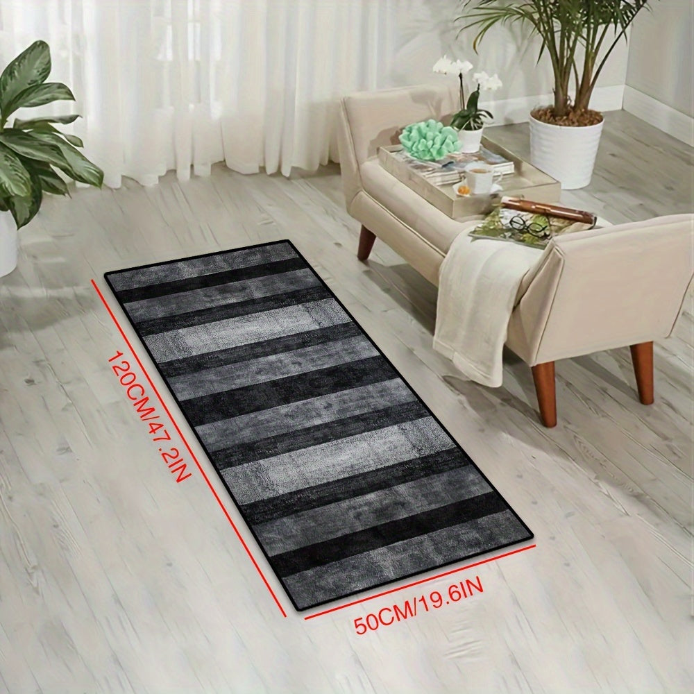 Black Bar Patterned Stain Resistant Crystal Velvet Runner Rug - Rectangle Shape, Machine Washable, Non-Slip, Medium Pile Polyester Mat for Living Room, Coffee Shop, Indoor, Shopping Mall, Lounge, Balcony - Machine Made