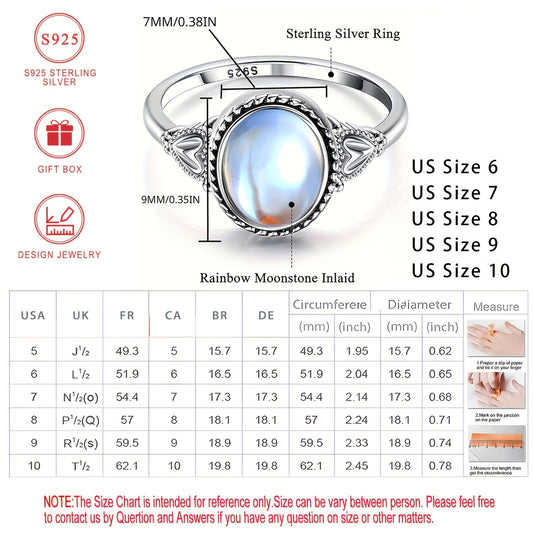 925 Sterling Silver Heart-shaped Ring with Oval Moonstone Design, featuring an Elegant and Vintage Style. This Fashionable Temperament Ring is perfect for both Banquets and Daily wear. A Perfect Gift option, comes in a Gift Box and weighs 2.5 grams.