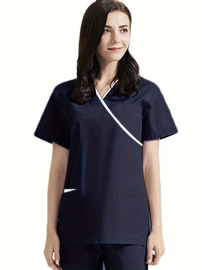 Medical Care Scrub Set with Contrast Trim, V Neck Short Sleeve Top & Pants, Women's Outfits