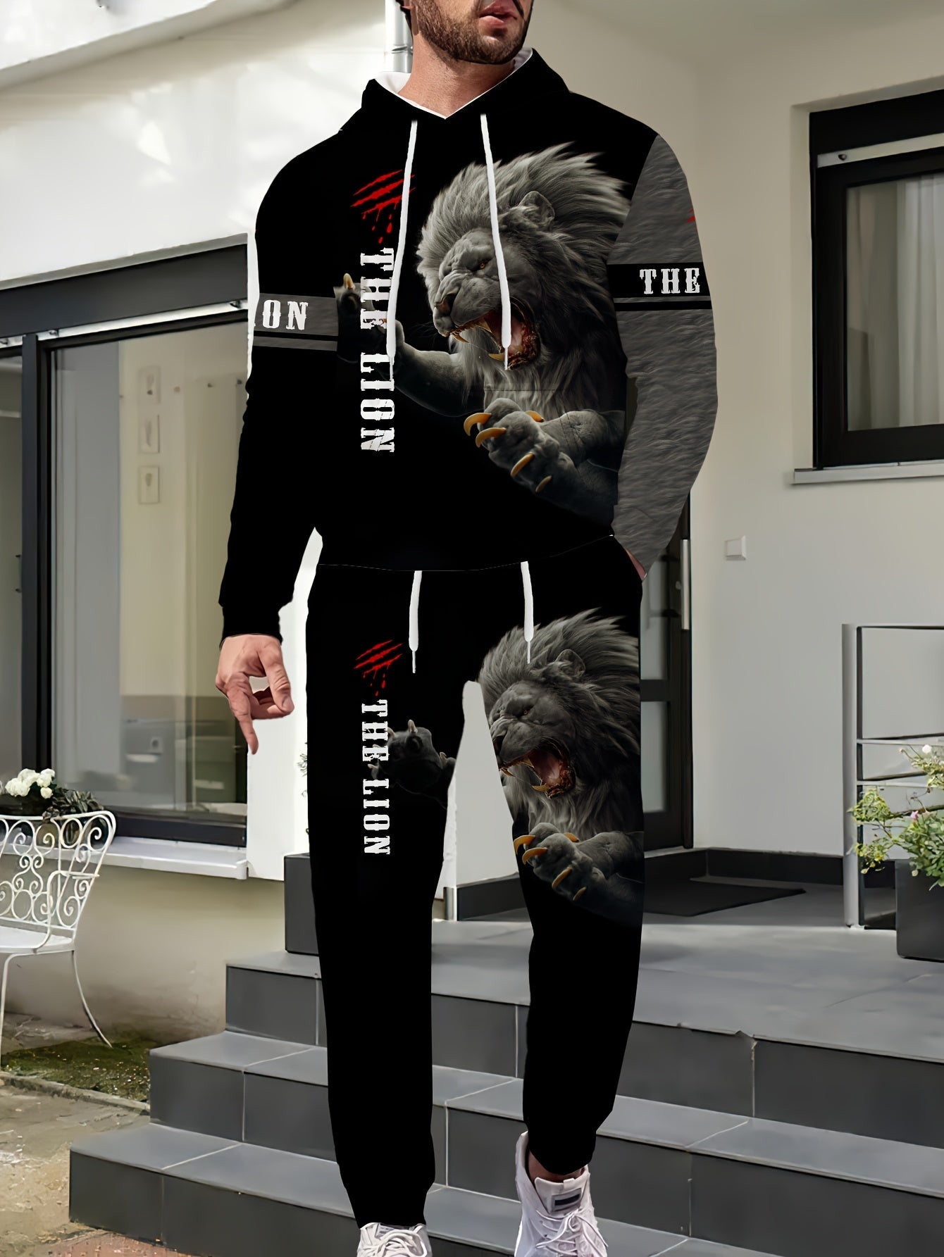 Men's Fierce Lion Graphic Hoodie & Sweatpants Set - Casual, 2-piece polyester outfit, long sleeve, machine washable, perfect for spring/fall.