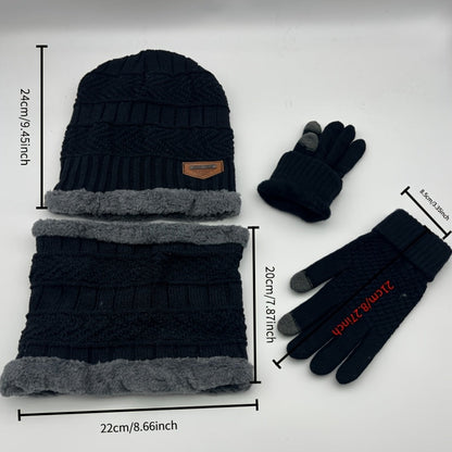 Three-Piece Set of Men's Cozy Knit Hat, Scarf, and Gloves - Featuring Thick Fleece Lining for Warmth. Includes Letter Patch Style Hat, Faux Sheepskin Scarf, and Full Finger Gloves for Winter.