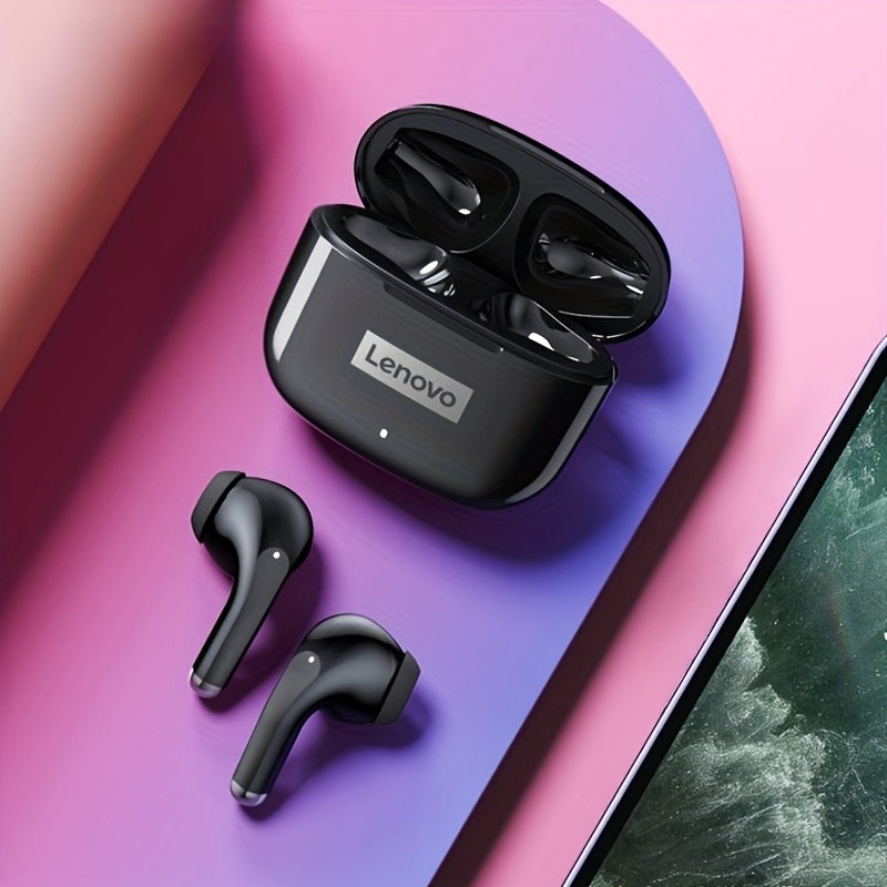 2025 Lenovo LP40 Pro Wireless Earphones with compact design, clear calls, and volume control. Features a condenser microphone, rechargeable battery, and Type-C port charging. Suitable for