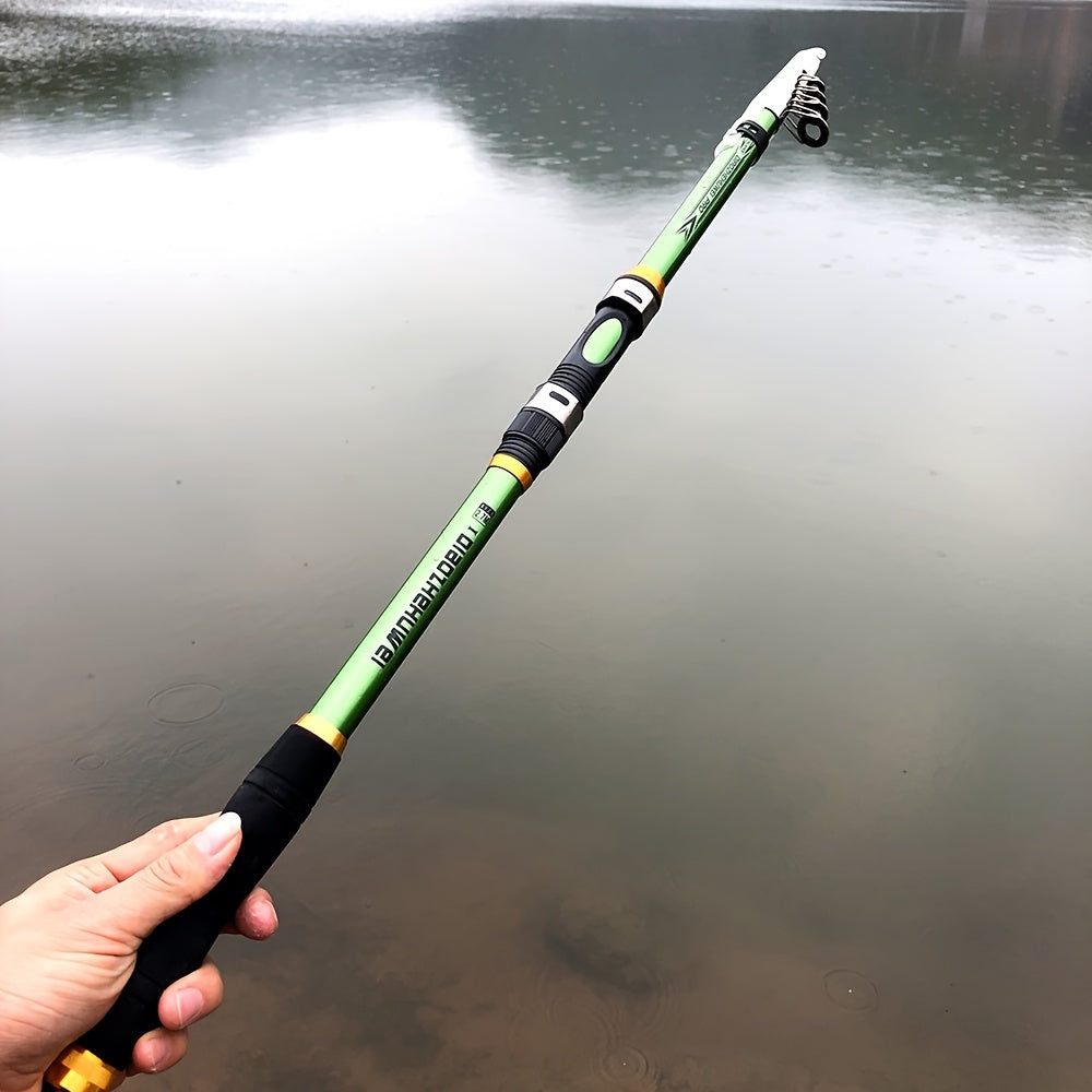 Telescopic fishing rod made of carbon fiber and FRP, 30-70cm extendable with green and black design. Features comfort foam handle and durable ceramic and stainless steel reel seat. Ideal